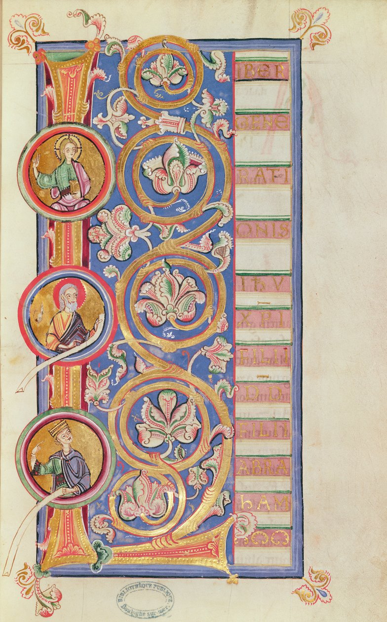 Ms 14 fol.23 Geïllustreerde initiaal L met medaillons, uit een Evangeliarium door French School