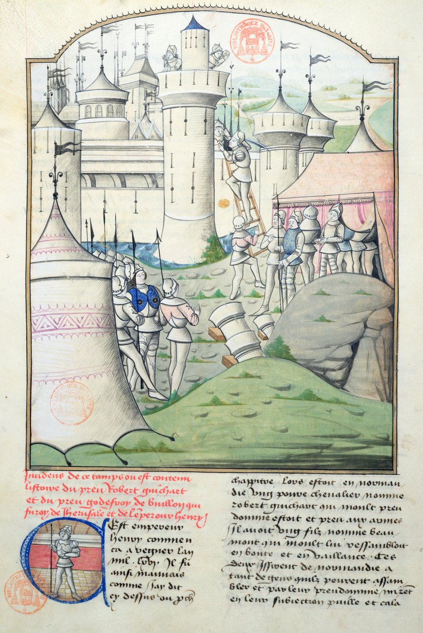 Ms 1560 Inname van Jeruzalem in 1099 door Godfried van Bouillon en de kruisvaarders tijdens de Eerste Kruistocht, miniatuur uit Fleur des Histoires door French School