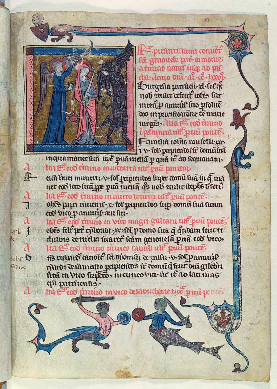 Ms 16261 fol.13v St. Genevieve vecht tegen een demon met de hulp van een engel, uit de Censier de l