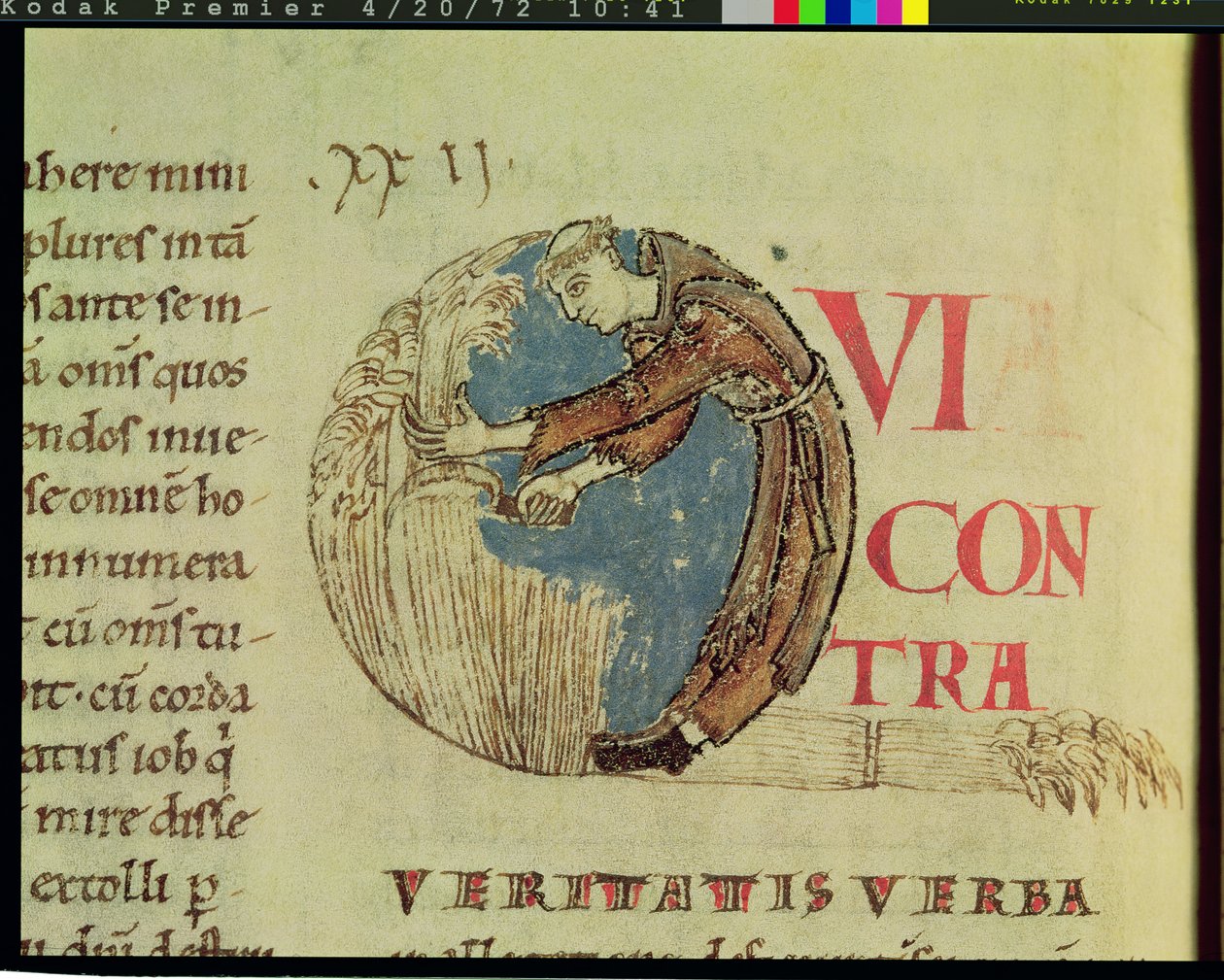 Ms 170 fol.75v Gehistorieerde initiaal Q met een cisterciënzermonnik die oogst, uit Moralia in Job door Paus Gregorius de Grote door French School