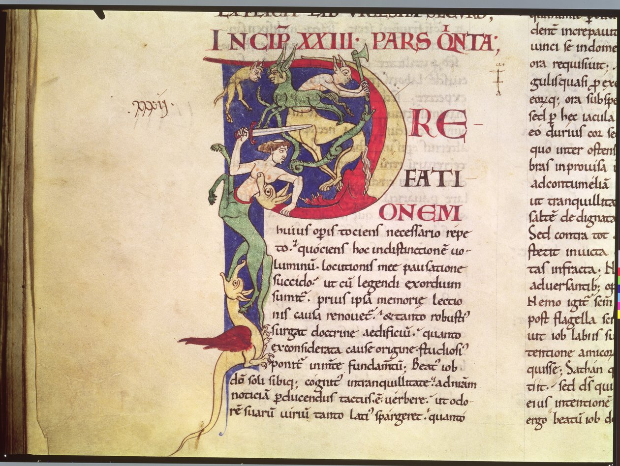 Ms 173 Geïllustreerde initiaal P met centauren, draken en monsters, uit Moralia in Job door Paus Gregorius de Grote door French School