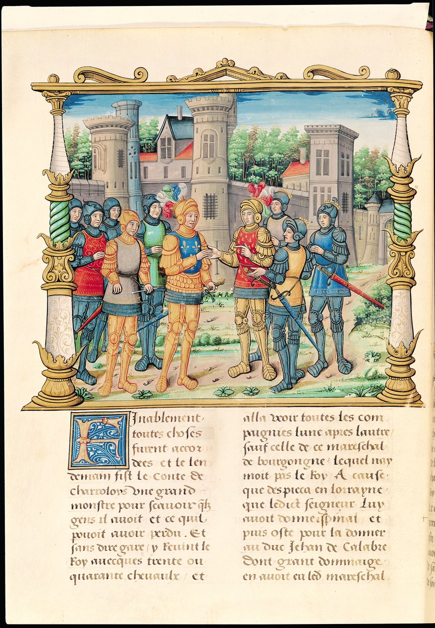 Het Verdrag van Conflans tussen Lodewijk XI en Karel de Stoute, Hertog van Bourgondië, oktober 1465, uit de Memoires van Philippe van Commines (1445-1509) door French School
