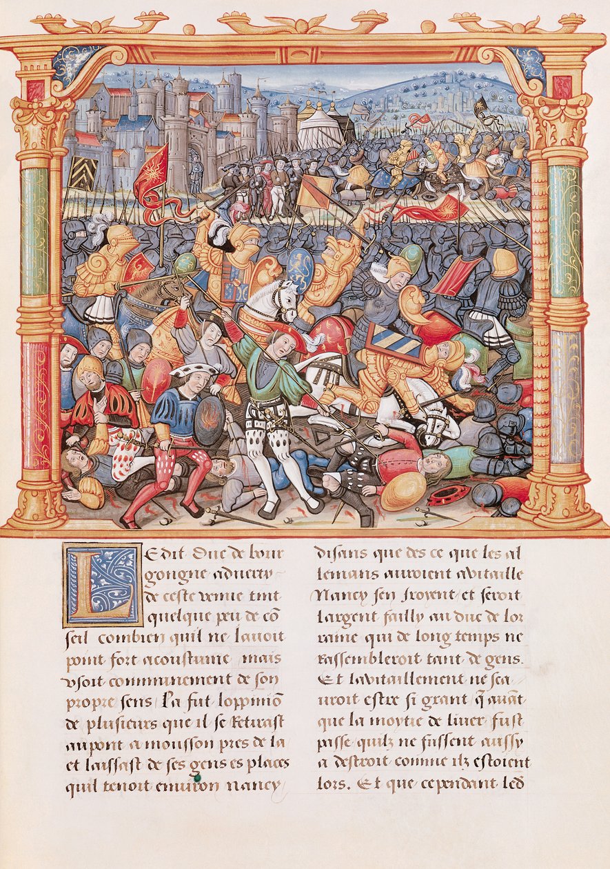 Ms 18 fol.150r Slag bij Nancy in 1477, uit de Memoires de Philippe de Commines door French School