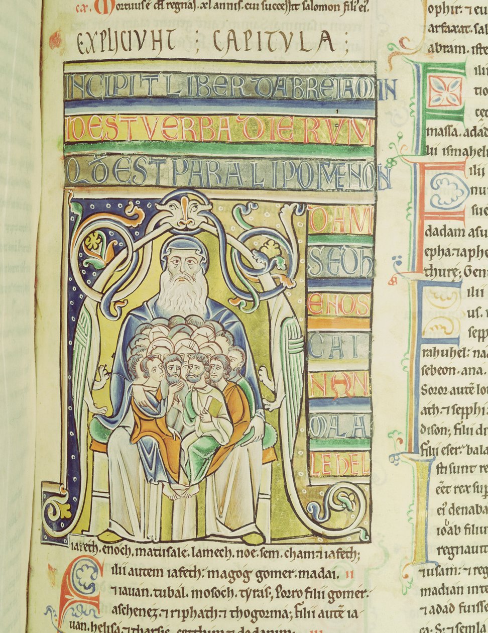 Historiated letter A die generaties in de schoot van Abraham toont, uit de Souvigny Bijbel door French School