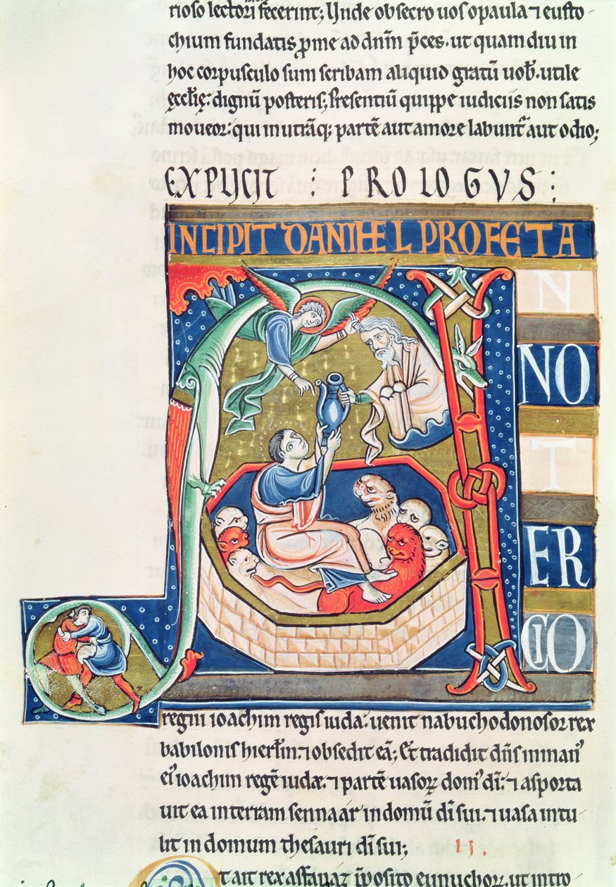 Historiated initiaal A met Daniël in de leeuwenkuil, uit de Souvigny Bijbel door French School
