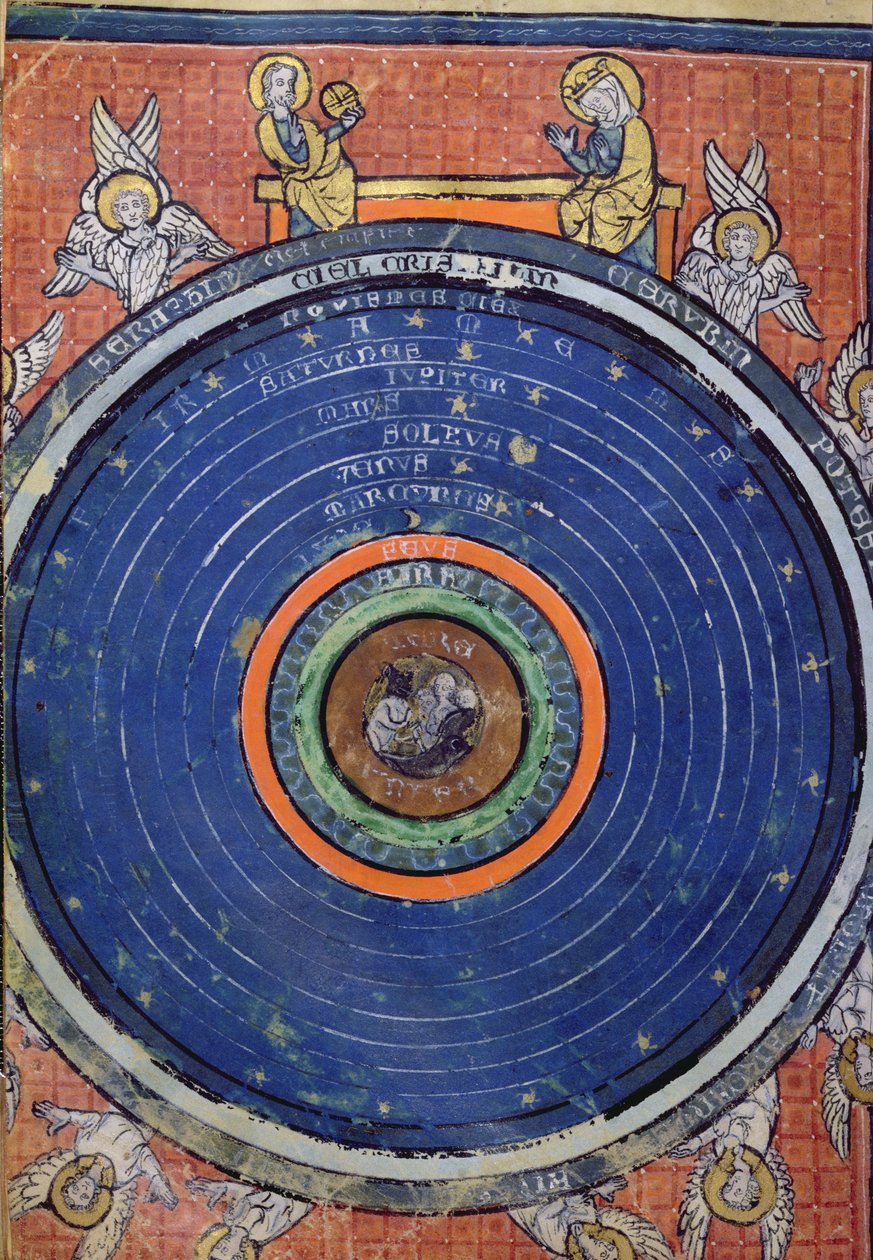 Ms 2200 f.115v. De Wereld, volgens Aristoteles, miniatuur uit De Philosophia Mundi door Guillaume de Conches (1100-54) 1276-77 door French School