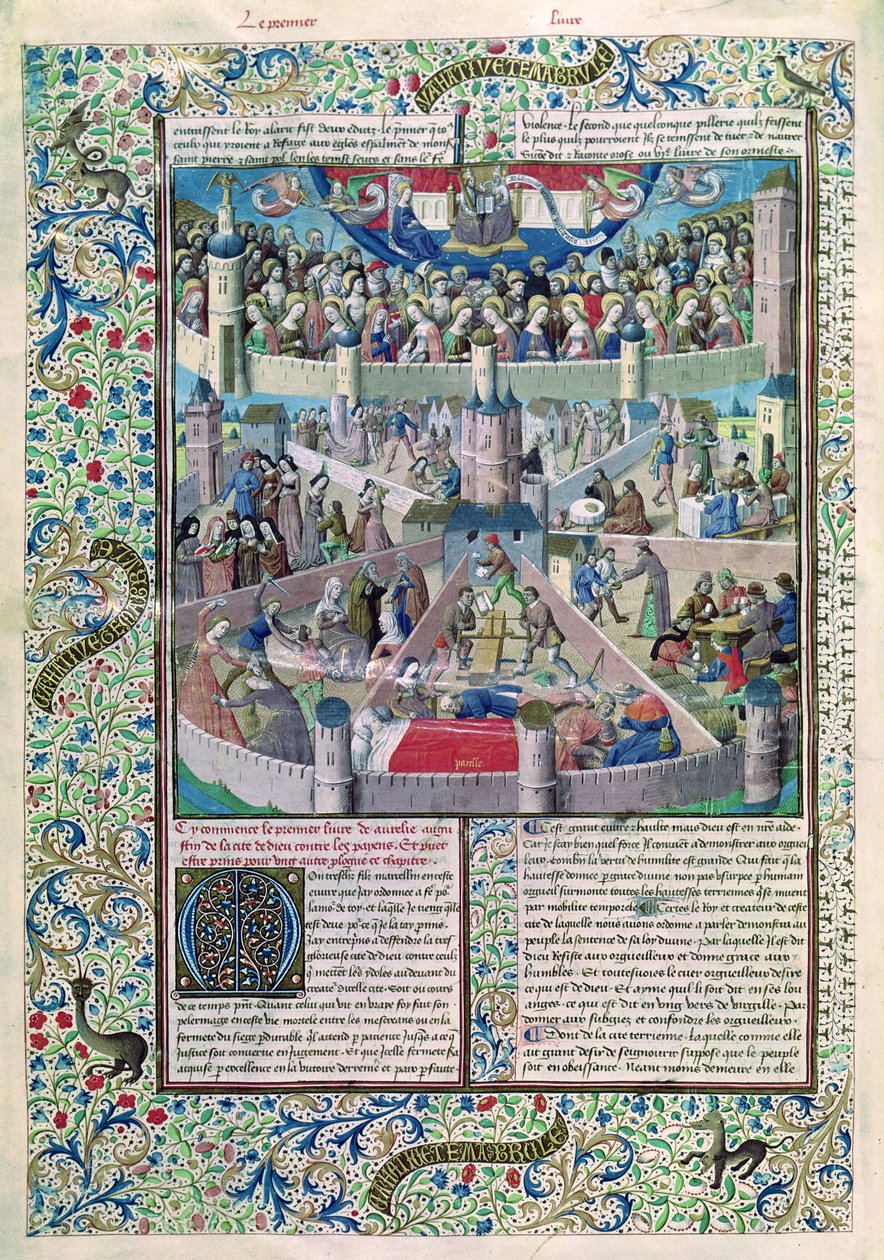 Ms 246 fol.3v Ondeugden en Deugden op aarde, uit De Civitate Dei van St. Augustinus van Hippo (354-430) door French School