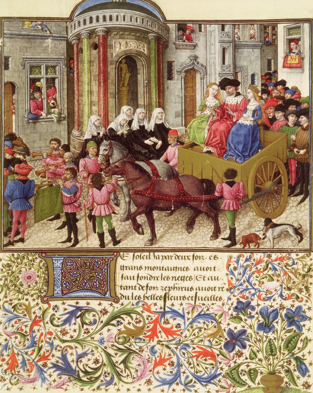 Ms 2617 Theseus maakt een triomfantelijke intocht in Athene, uit La Teseida, door Giovanni Boccaccio (1313-75) 1340-41 door French School