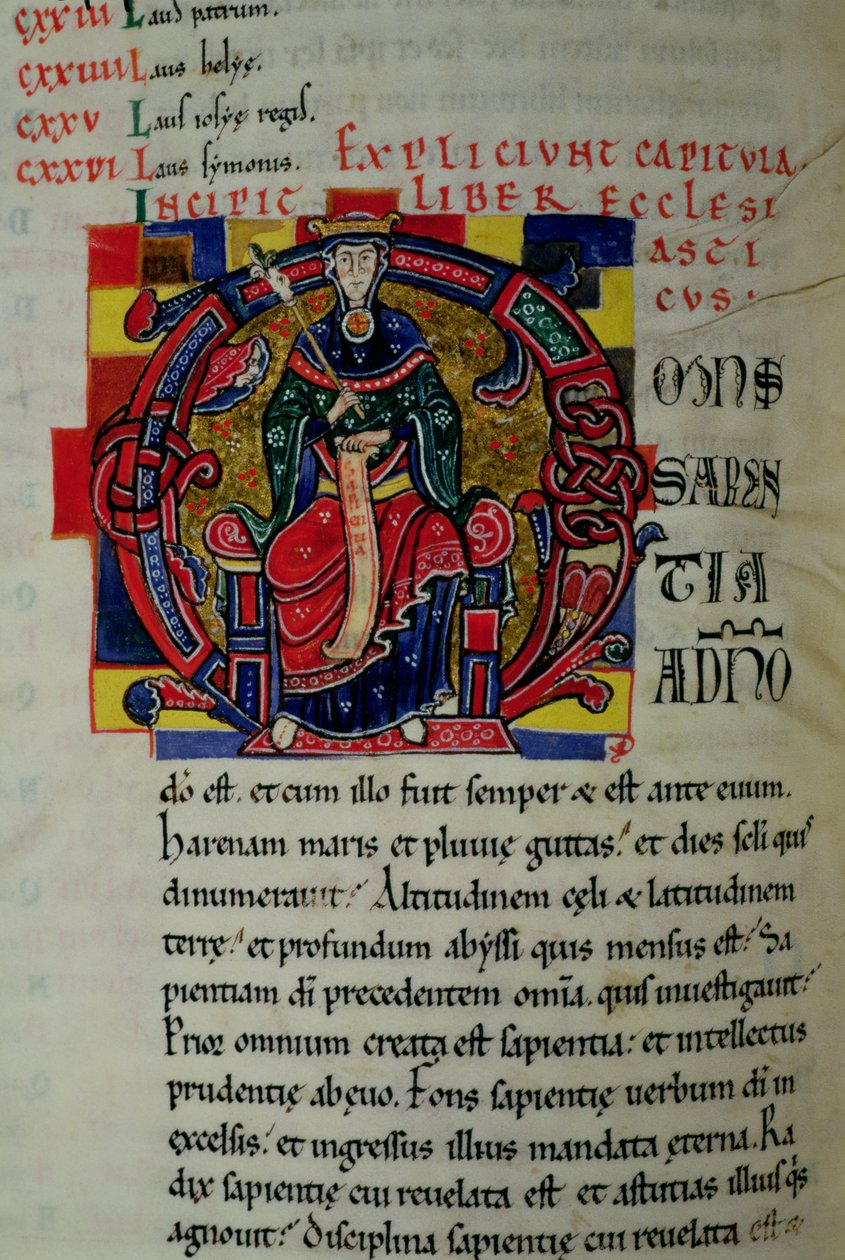 Geïllustreerde initiaal O met een figuur van Wijsheid, uit de St. Benigne Bijbel door French School