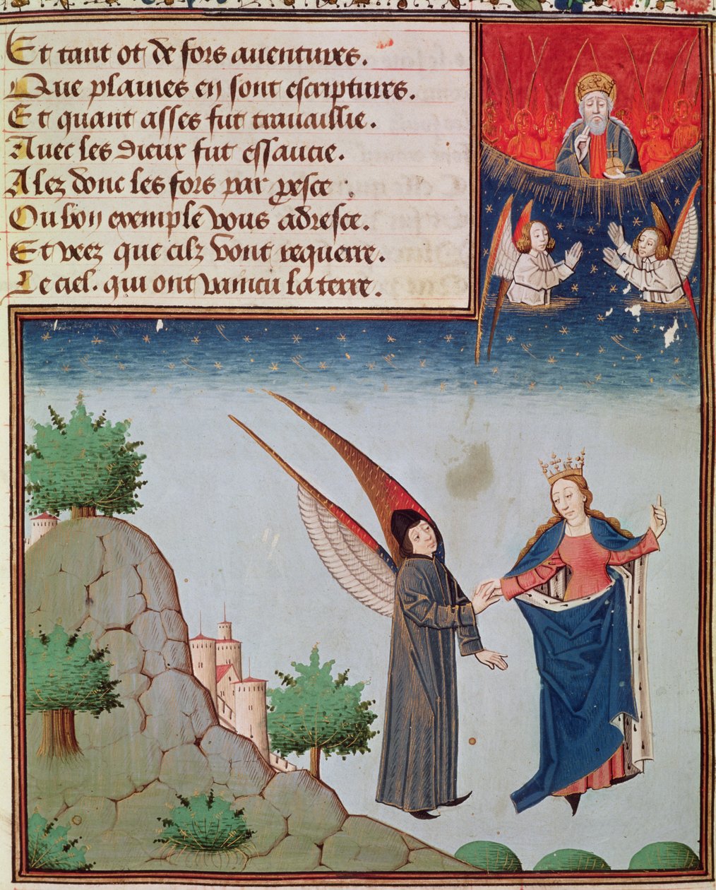Ms 3045 fol.94r Dame Filosofie leidt Boëthius in de vlucht naar de hemel op de vleugels die zij hem heeft gegeven; God de Vader kijkt zegenend toe door French School