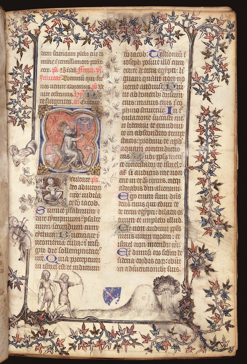 Ms 306 f.27r Koning David zittend slaat een beiaard van vijf klokken, uit een Brevier, Gebruik van Parijs, 1400 door French School