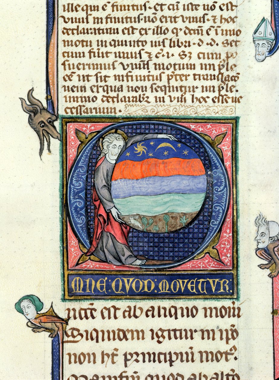 Ms 3469 Christus met een wereldbol met de vier elementen, uit de Fysica door Aristoteles door French School