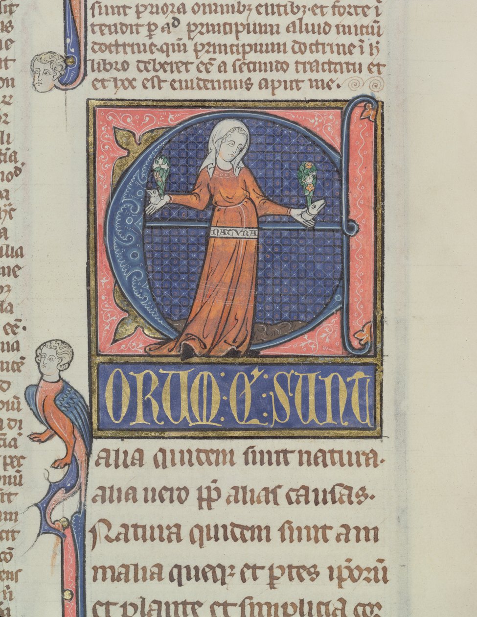 Historiated initiaal E met een voorstelling van de Natuur, uit de Physics door Aristoteles (384-322 v.Chr.) door French School