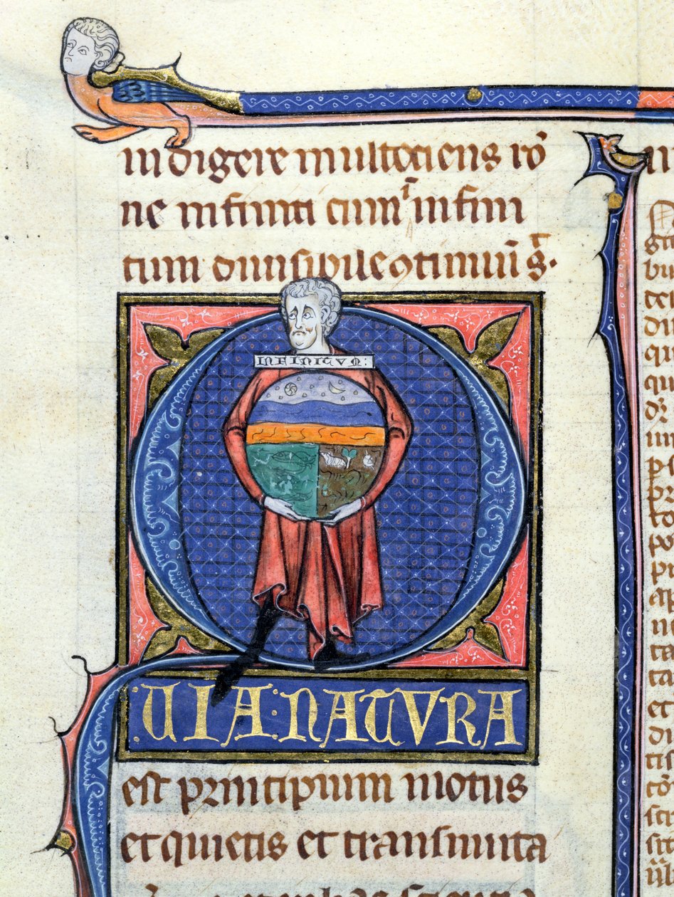 Ms 3469 Filosoof met een wereldbol met de vier elementen, uit de Fysica door Aristoteles door French School