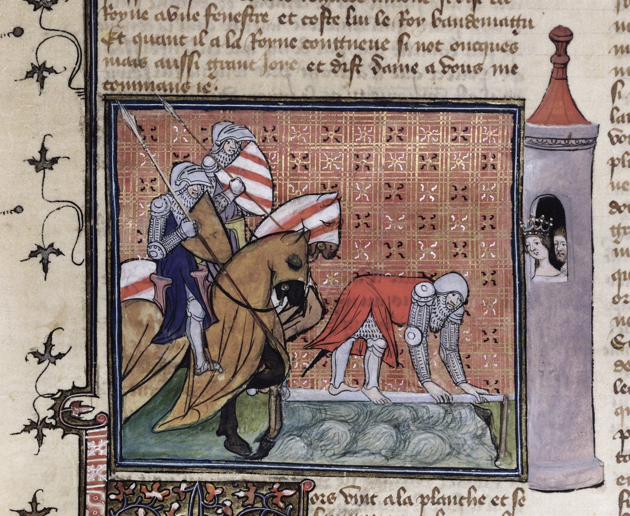 Ms 3480 fol.77 Lancelot oversteekt de Zwaardbrug, uit het Livre de Messire Lancelot du Lac door French School