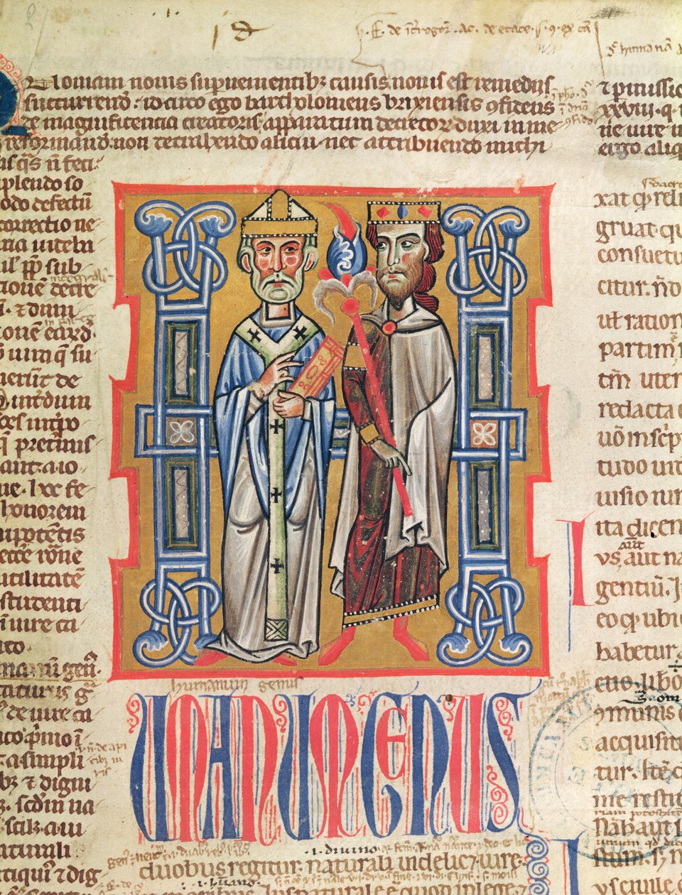 Ms 354 fol.9 Miniatuur van een bisschop en koning uit het Decretum Gratiani, 14e eeuw door French School