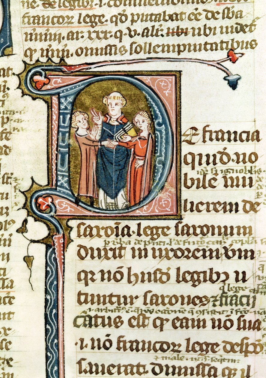 Ms 376 f.320 Geïllustreerde initiaal D die een priester toont die een huwelijk zegent, uit Les Gregoriennes door French School