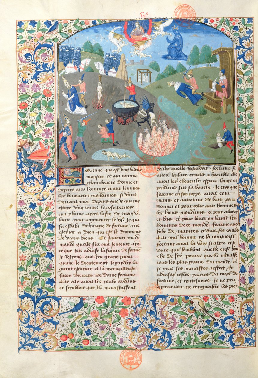 Ms 3878 Scènes van strijd, moord en hel uit De Casibus Virorum Illustrium door Giovanni Boccaccio door French School