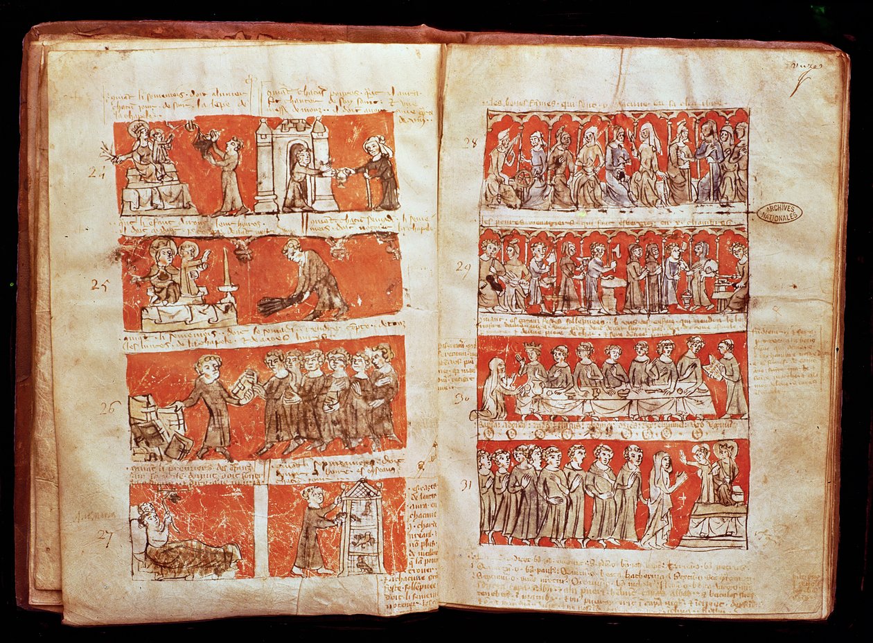 Scènes uit het leven van de studenten in het College van de Heilige Maagd in Parijs, uit de Statuten van het College van Hubant, 1387 door French School