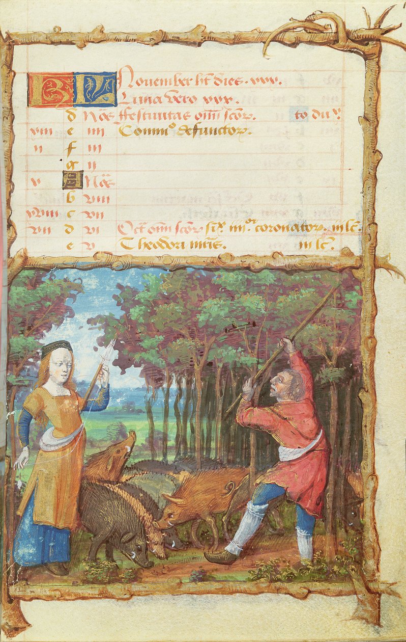 Ms 438 De Maand November: Eikels Verzamelen, uit een Getijdenboek, 1490 door French School