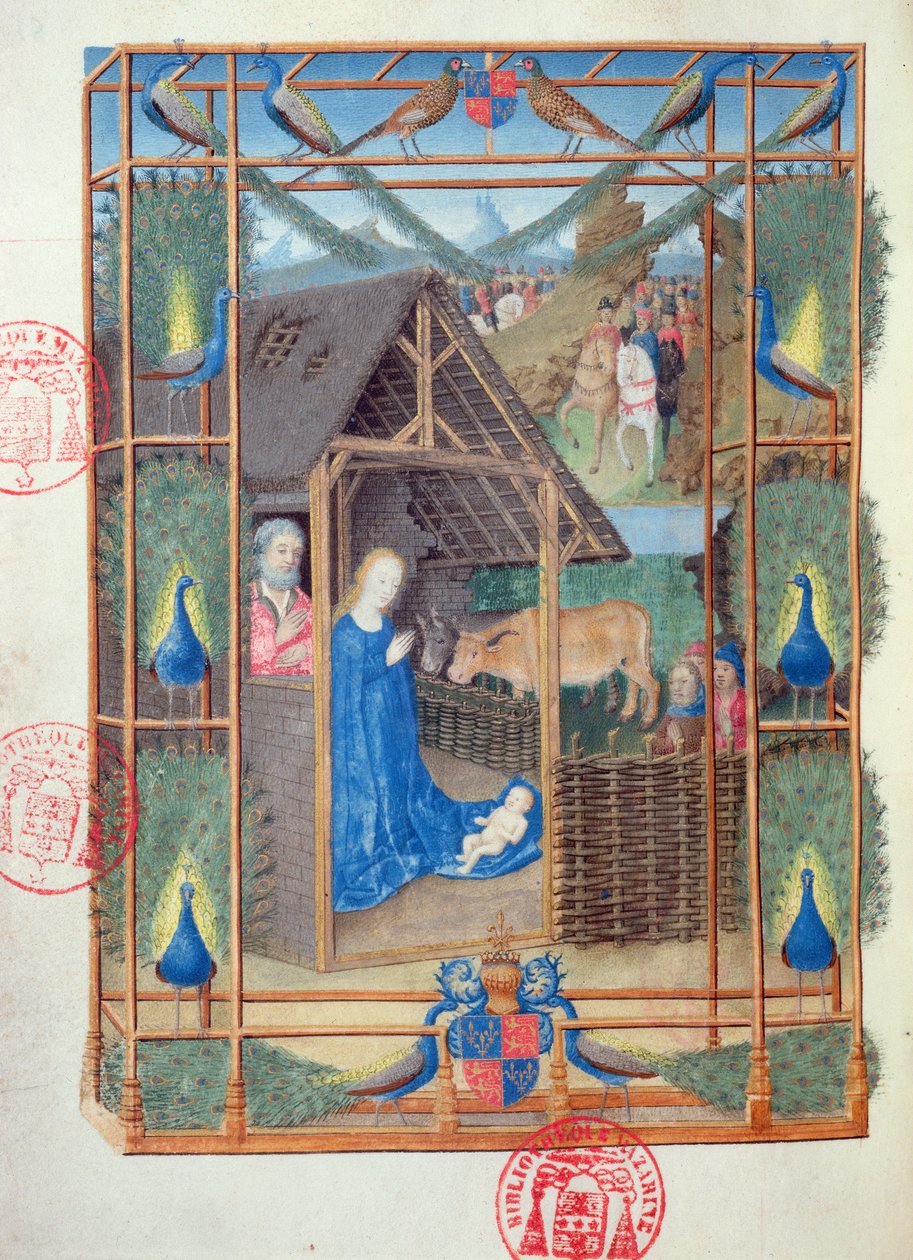 Ms 473 De geboorte met pauwen, miniatuur uit de Heures de Charles de France, ca.1466-69 door French School