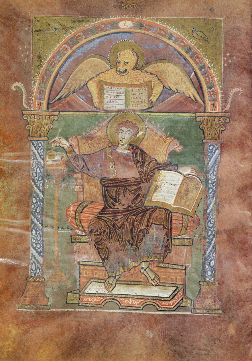 Ms 4 fol.66v St. Marcus, uit het Evangelie van St. Riquier, ca. 800 door French School