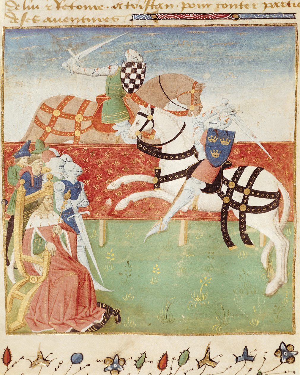 Ms 527 fol.40v Confrontatie van Twee Ridders voor de Koning, uit Roman du Saint Graal door French School