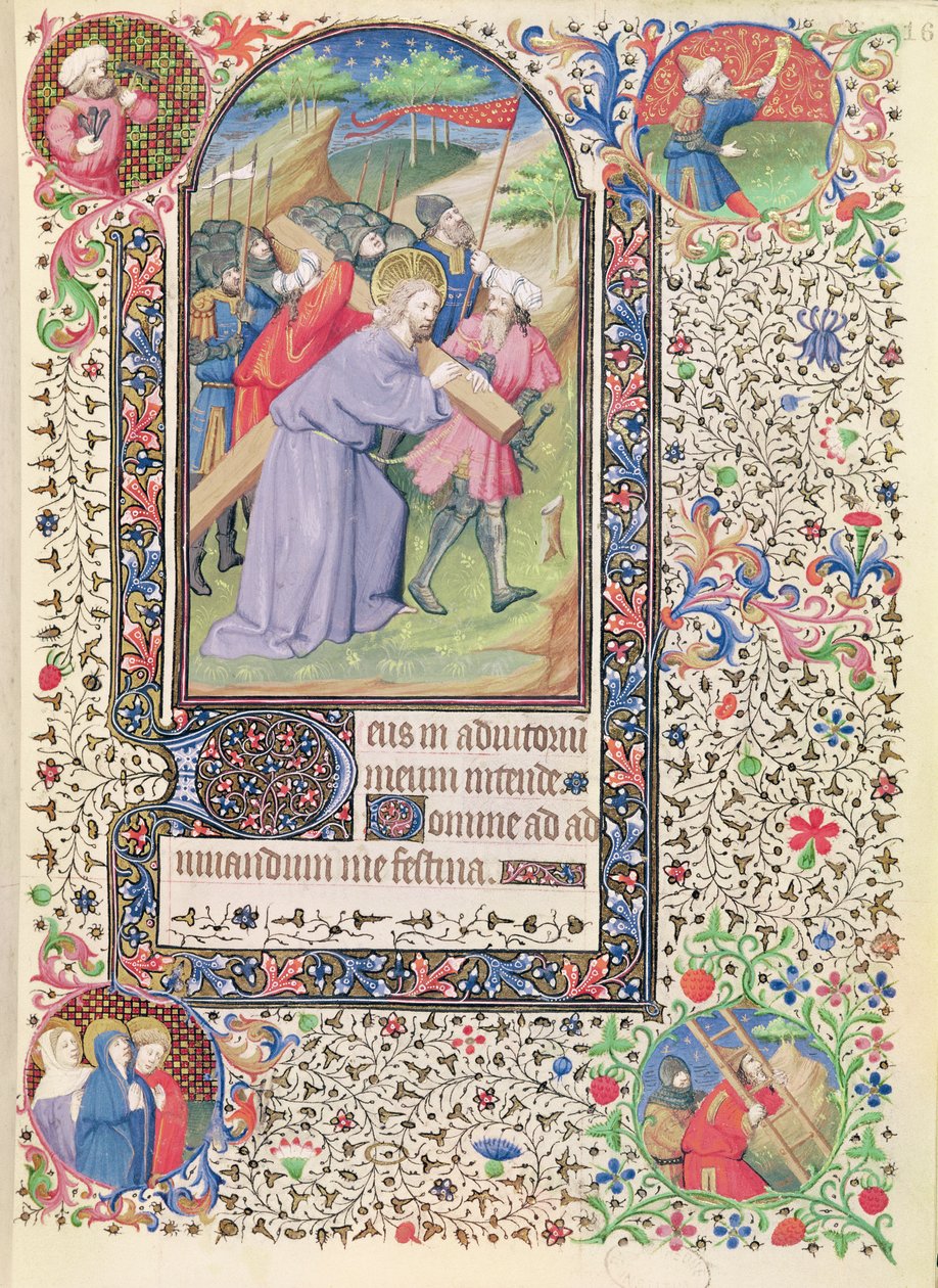 Ms 547 fol.16 Kruiswegstaties, uit een Getijdenboek gebruikt door een vrouw uit Poitiers door French School