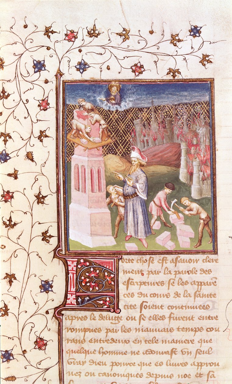 Ms 55 t f.111v Nimrod houdt toezicht op de bouw van de Toren van Babel, uit La Cité de Dieu door St. Augustinus, vertaald door Raoul de Presles (1316-82) ca.1400-50 door French School