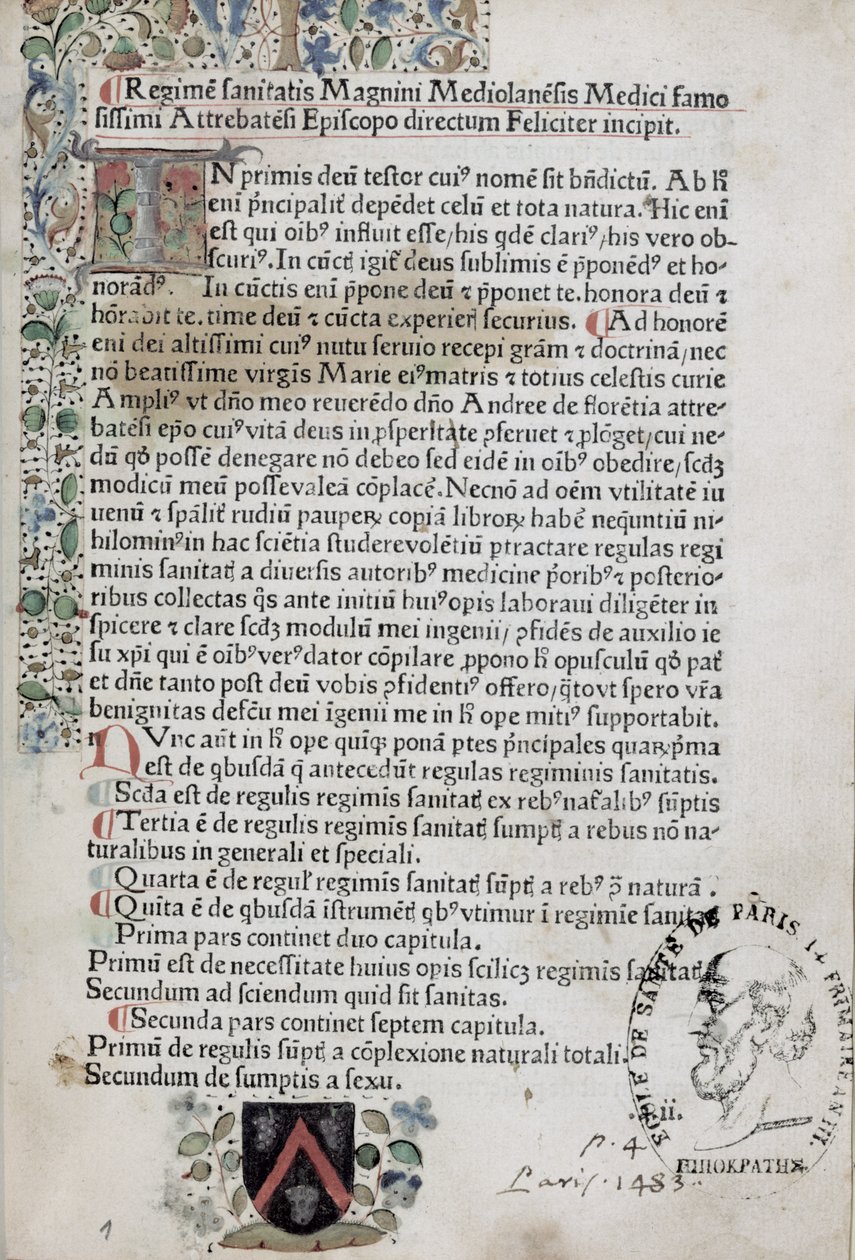 Eerste pagina uit Regimen Sanitatis, 1483 door French School