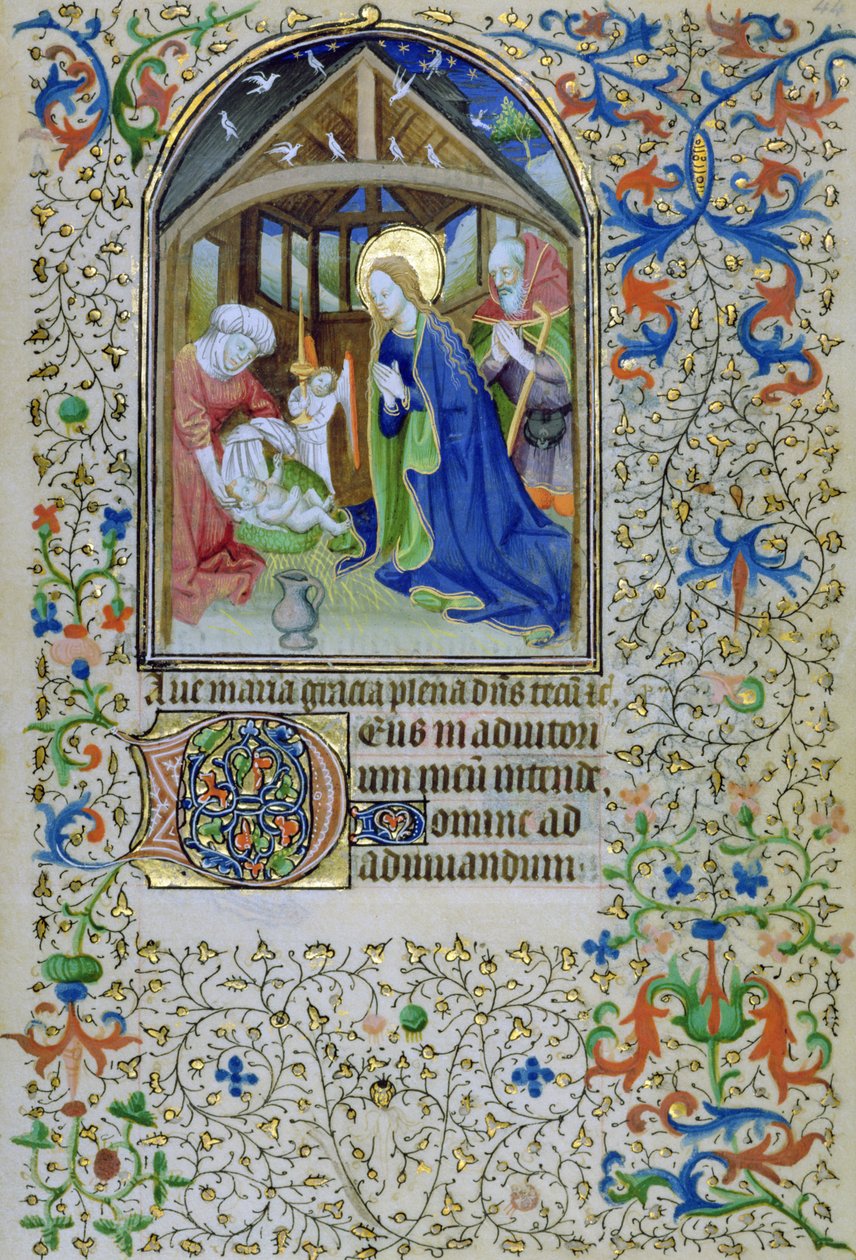De Maagd en Jozef aanbidden de pasgeboren Christus, uit een Getijdenboek, Amiens door French School