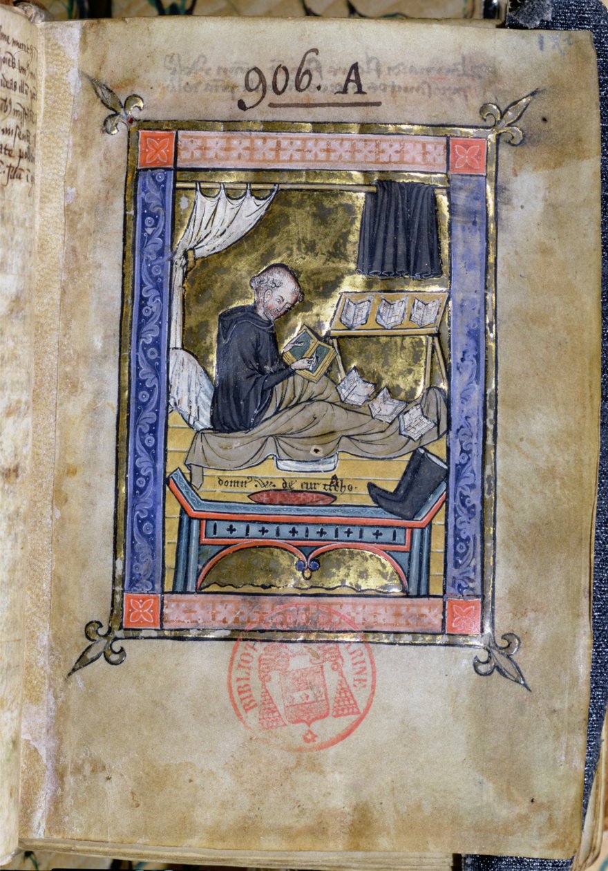 Ms 753 Fol.9 Monnik die in zijn bed schrijft, uit Flores Bernardi door Guillaume de Tournai door French School