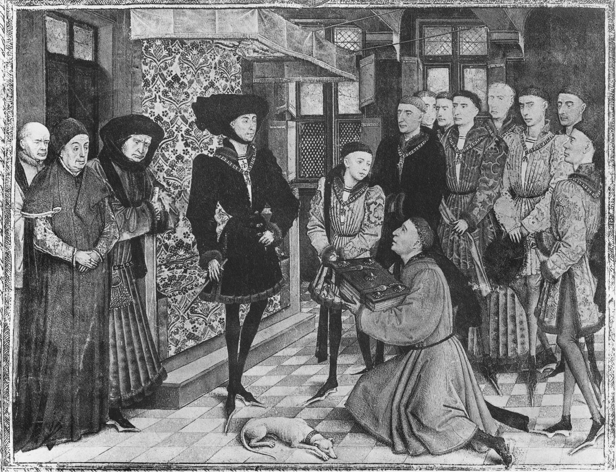Ms 9242 Hainaut Kronieken, Filips de Goede, Hertog van Bourgondië, gepresenteerd met de vertaling van de Kronieken door Jean Vauquelin, Karel de Stoute als kind aan zijn linkerzijde door French School
