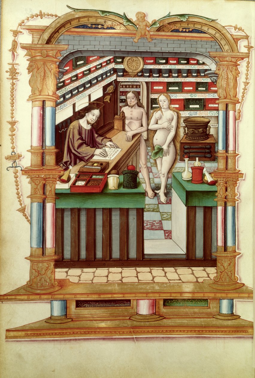 Christus de Apotheker met Adam en Eva, uit Chants royaux sur la Conception couronnee du Puy de Rouen door French School