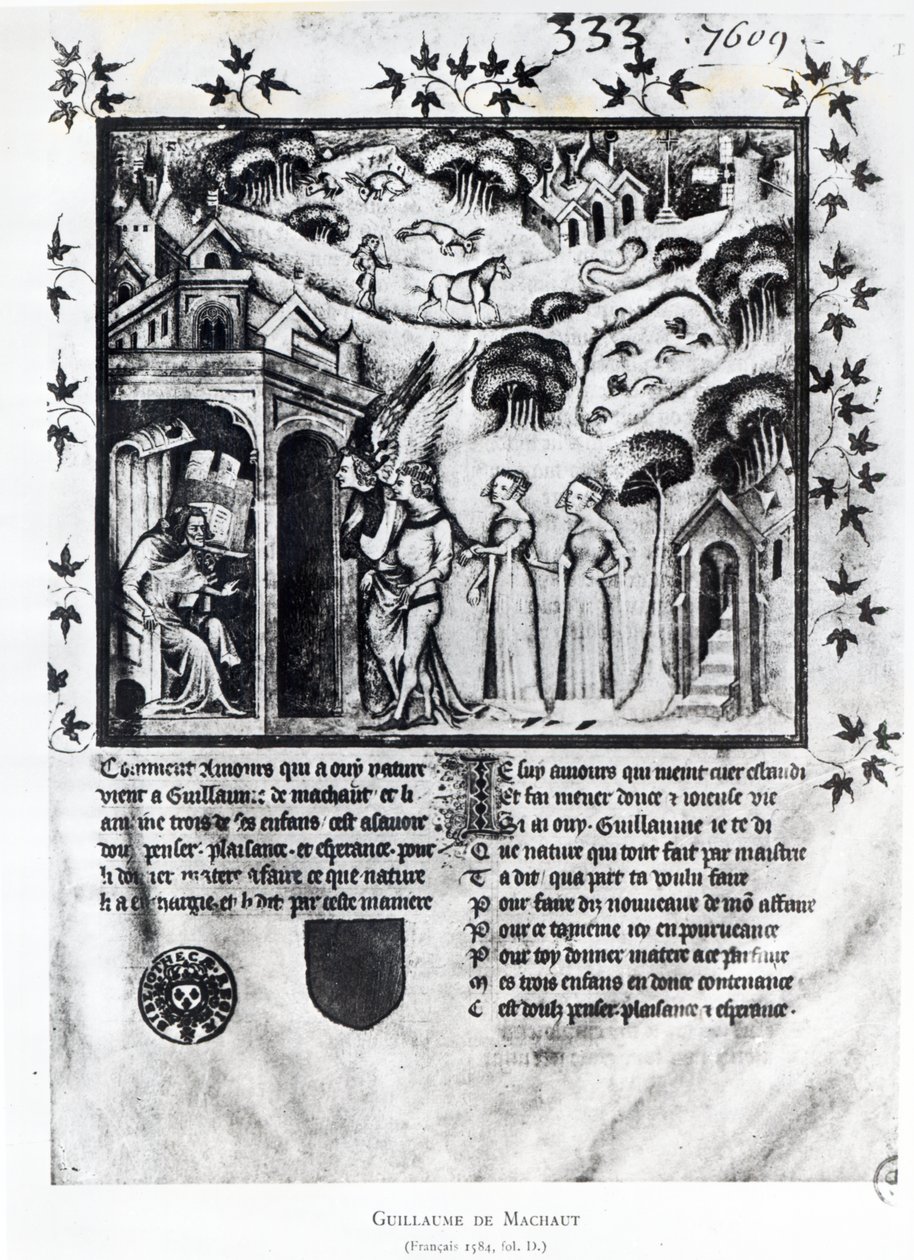 De auteur ontvangt Liefde die hem Zoete Gedachten, Plezier en Hoop brengt, c.1370 door French School