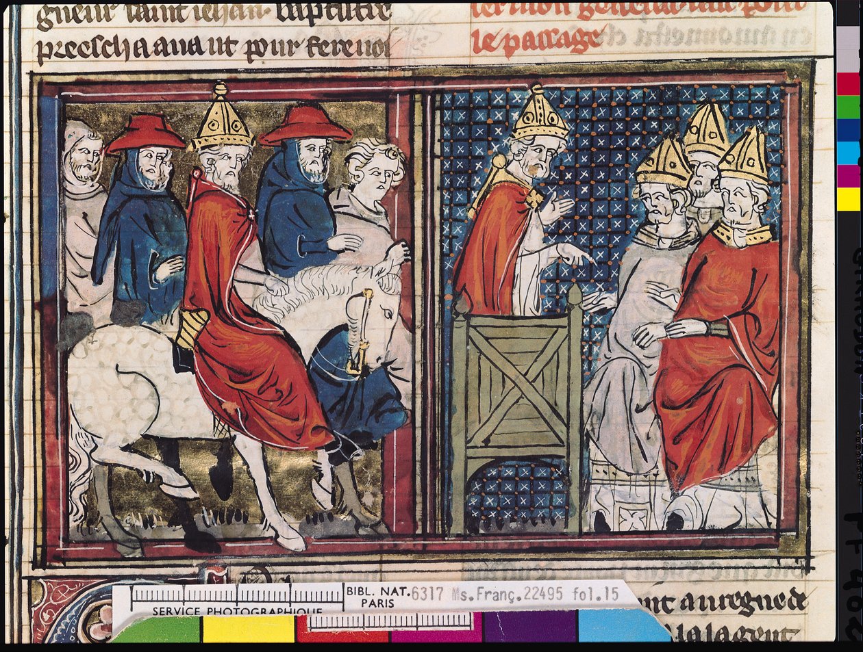 Ms Fr 22495 Fol.15 Het Concilie van Clermont en de aankomst van paus Urbanus II (ca.1035-99) in Frankrijk, uit Le Roman de Godefroi de Bouillon, 1337 door French School