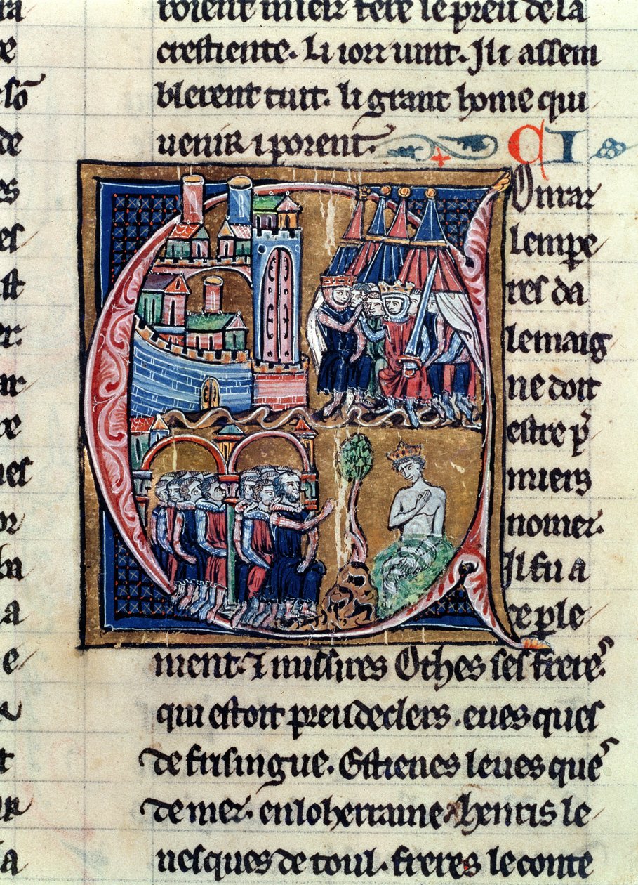 Ms Fr 9081 fol.206 Geïllustreerde initiaal C die Conrad III (1137-52) Keizer van Duitsland en Lodewijk VII (1120-80) Koning van Frankrijk toont, die Damascus belegeren in 1148, uit Histoire de Jerusalem door William door French School