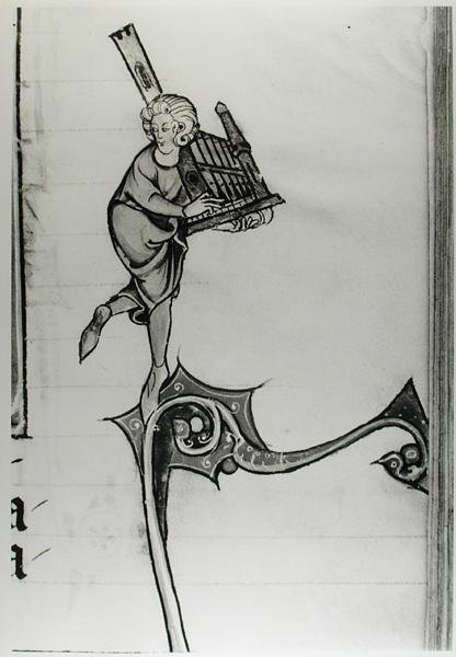 Muzikant die een draagbaar orgel bespeelt, uit de Geschiedenis van Merlin, c.1280-90 door French School