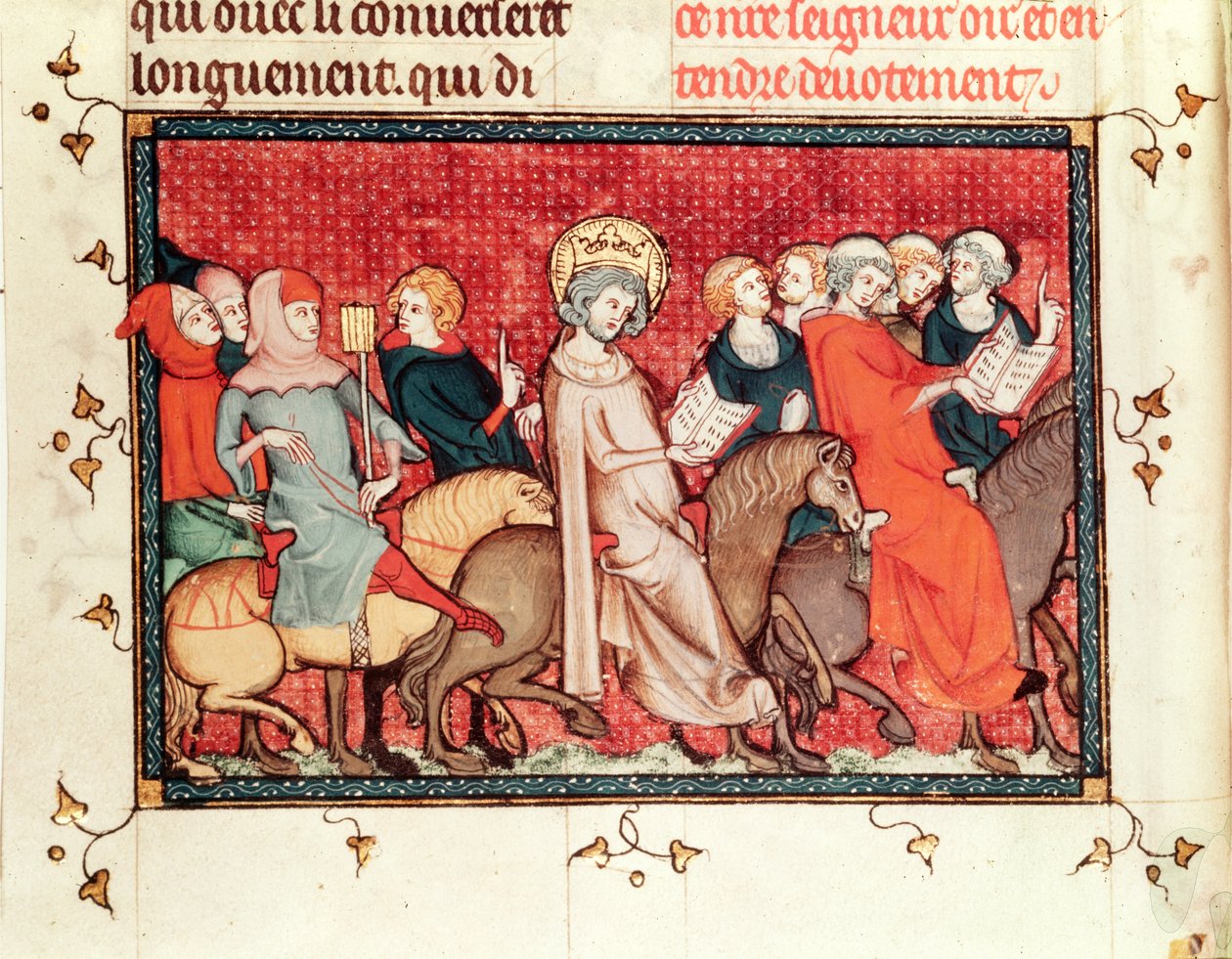 De koning dicteert zijn uren terwijl hij te paard rijdt, uit het Leven en Wonderen van St. Louis, c.1330-40 door French School