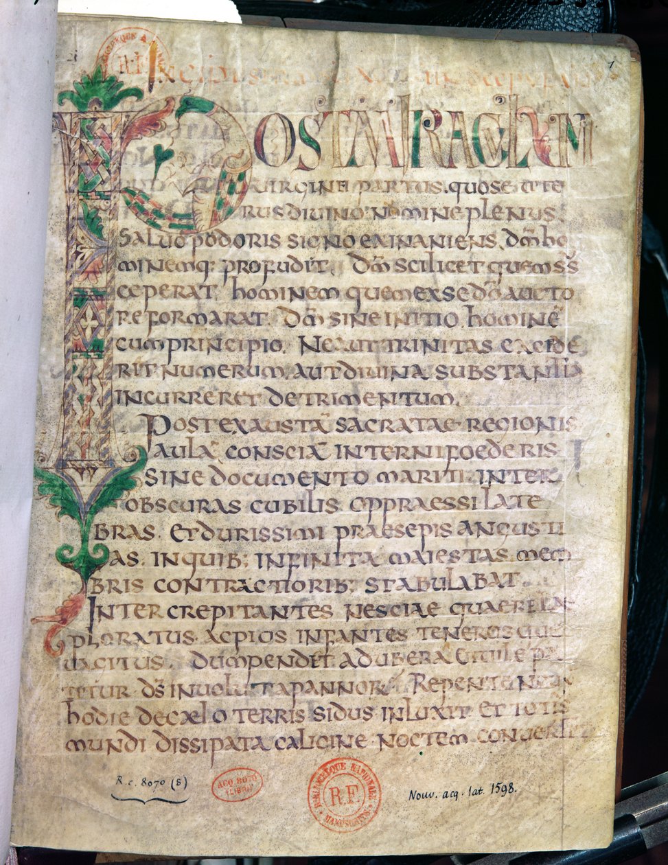 Ms Lat 1598 Fol.1 Zoomorfische geïllustreerde initiaal P, uit een werk van Sint Augustinus (354-430) door French School