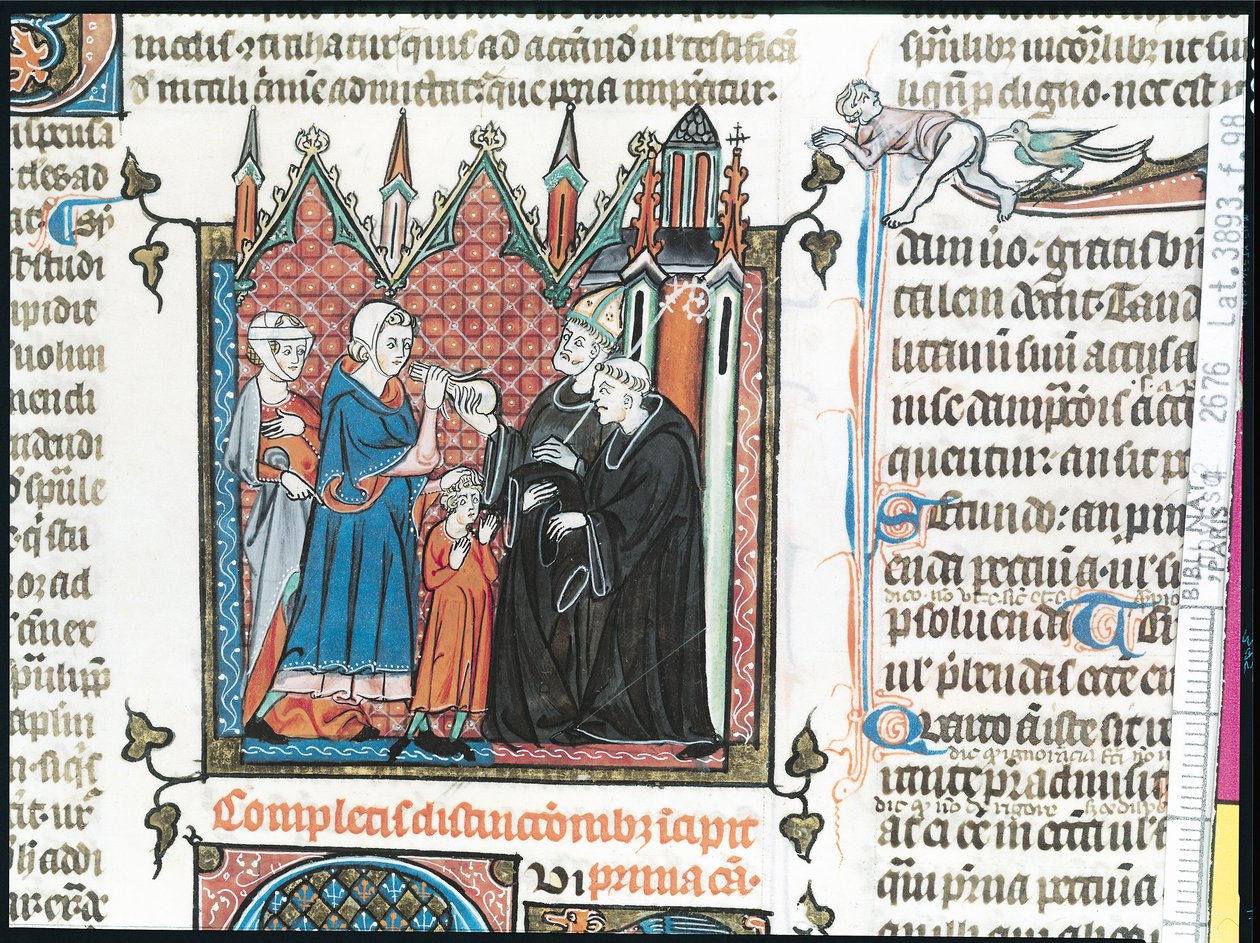 Ouders bieden een bisschop geld aan om hun zoon in de abdij op te nemen, 1314 door French School