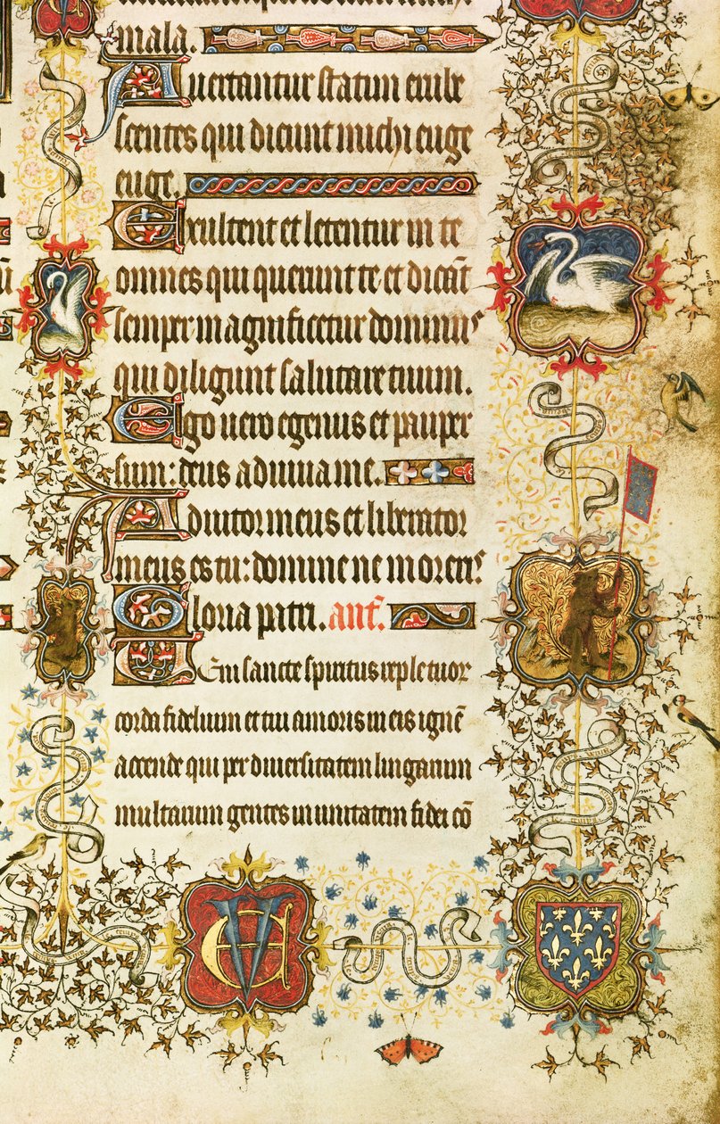 Ms Lat 919 fol.96 Detail van wapenschilden en dierdecoratie, van St. Peter die Jean de France (1340-1416) Hertog van Berry naar het Paradijs leidt, uit de Grandes Heures de Duc de Berry door French School