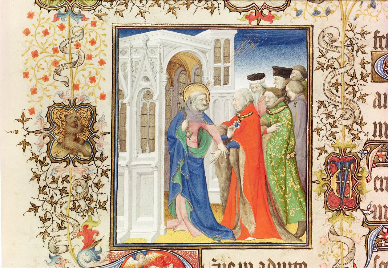 Sint Petrus leidt Jean de France (1340-1416) Hertog van Berry naar het paradijs, uit de Grandes Heures de Duc de Berry, 1409 door French School