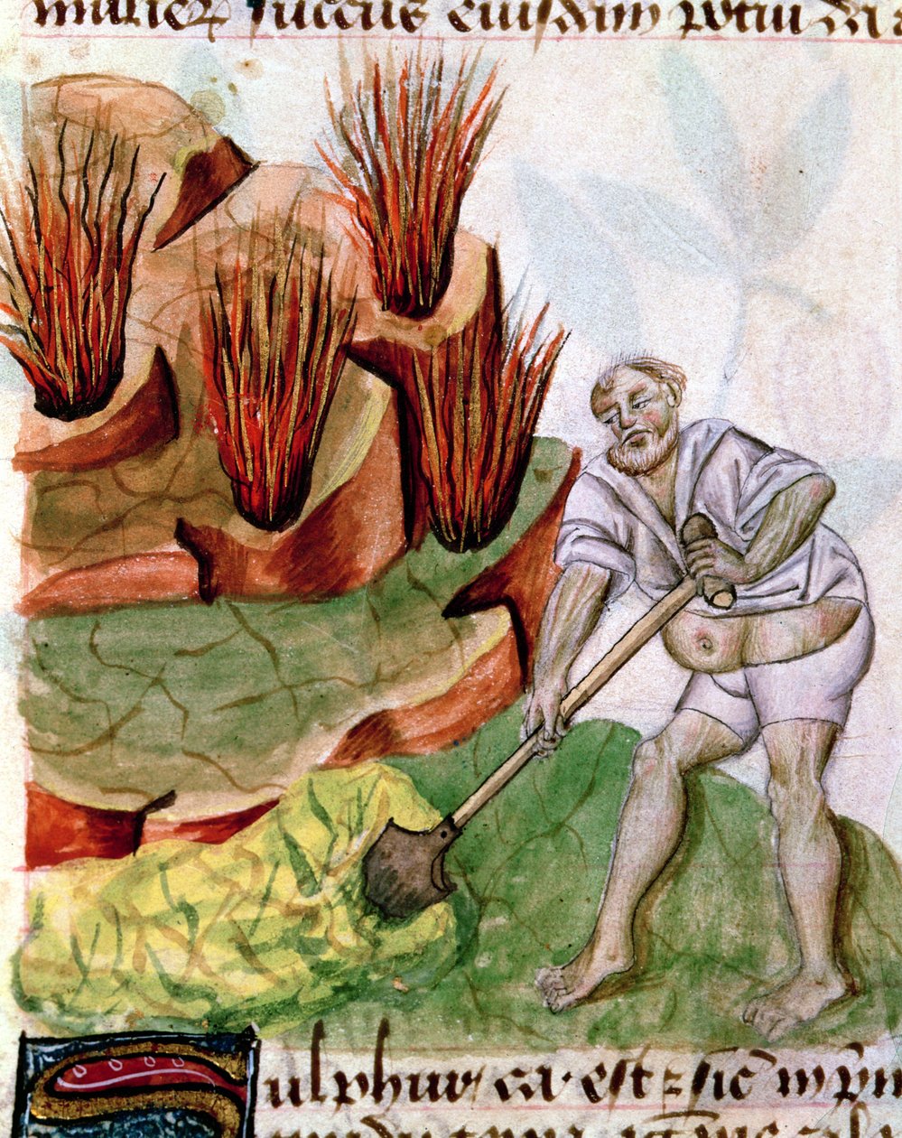 Ms Lat 993 L.9.28 f.123v Op zoek naar Zwavel, uit Dioscorides De Herbis door French School