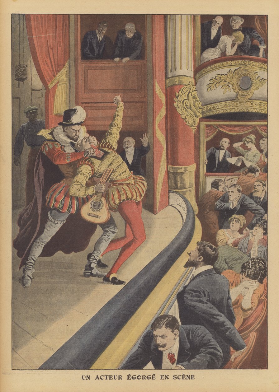Moord op een acteur op het podium (kleurenlitho) door French School