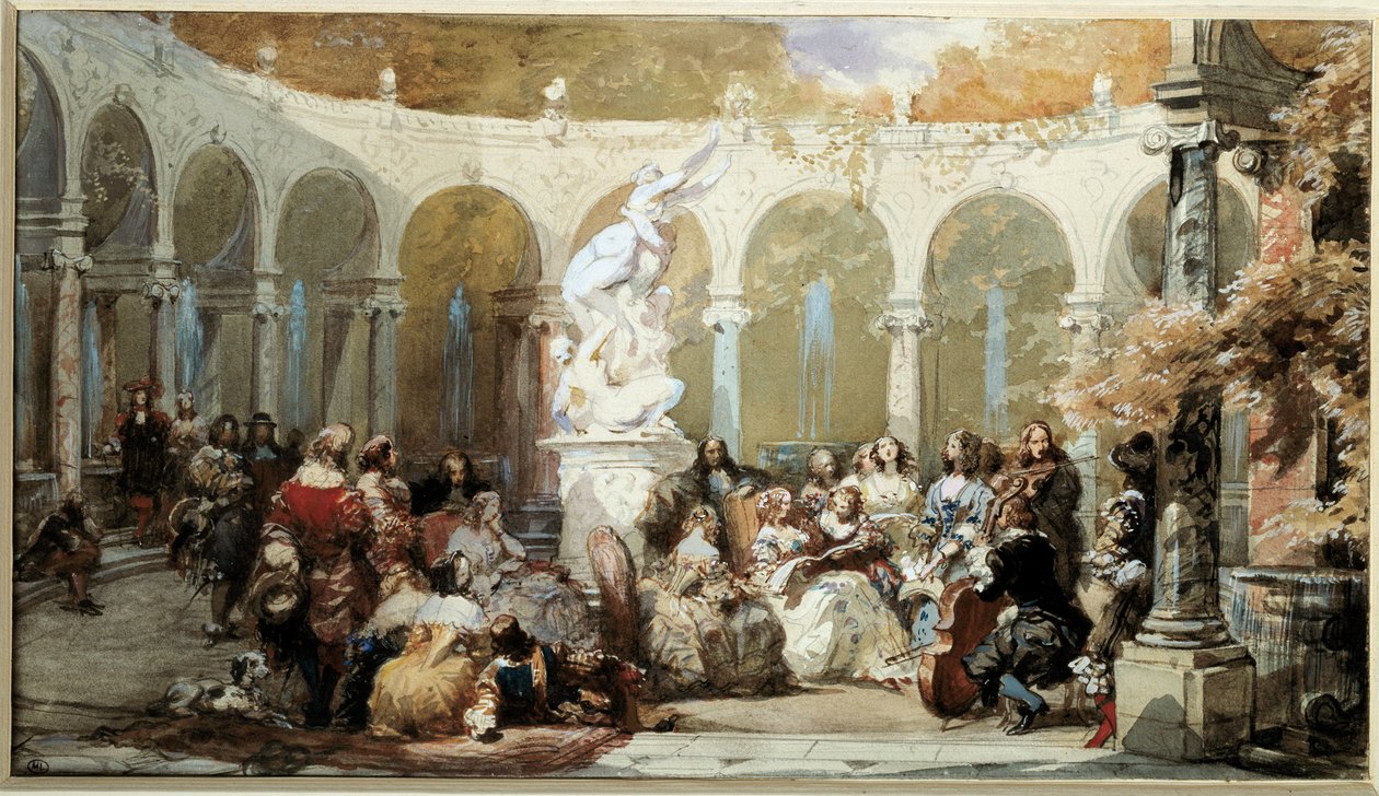 Muziekscène in de tuinen van Versailles door French School