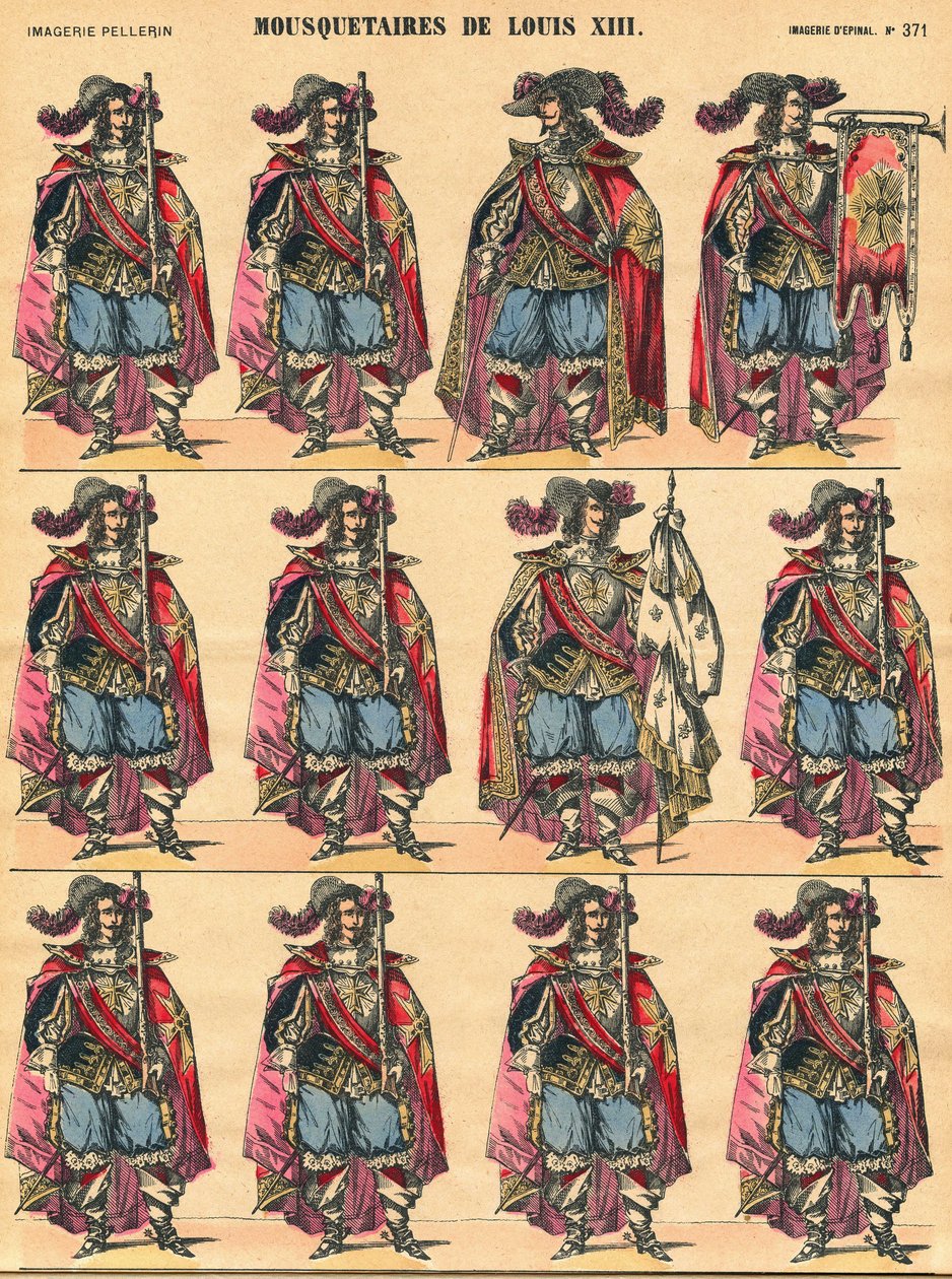 Musketiers van Lodewijk XIII, beschrijvende plaat. Afbeelding van Epinal door French School