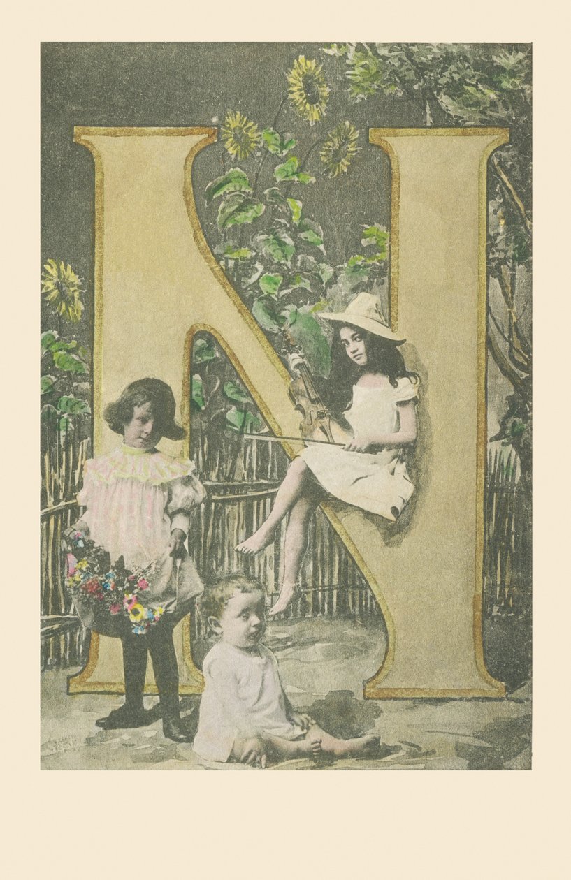 Een meisje met een viool, een ander met bloemen, een baby zittend door French School