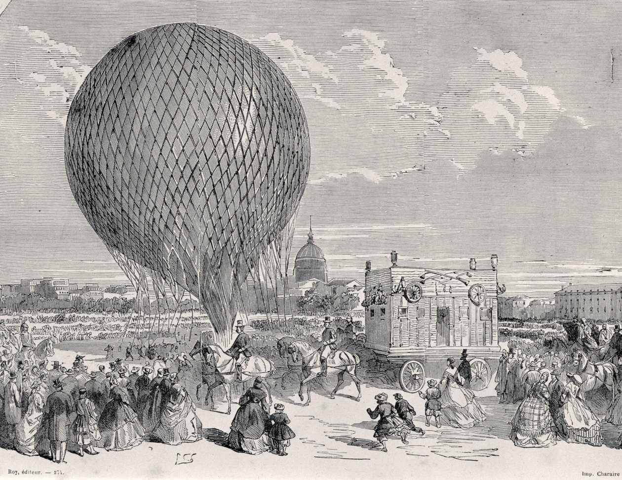 Ballon van Nadar, Le Géant wordt voorbereid op het Champ de Mars, Parijs voor zijn eerste vlucht op 4 oktober 1863, illustratie uit Paris a Travers Les Siecles: Tome 5, 1889 door French School