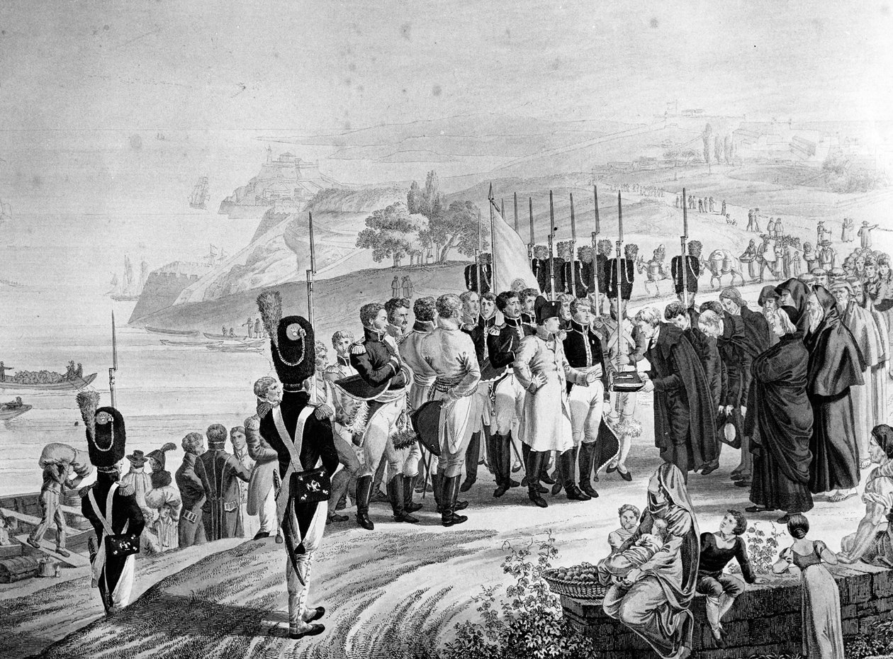 Napoleon (1769-1821) arriveert op het eiland Elba, 1814 door French School